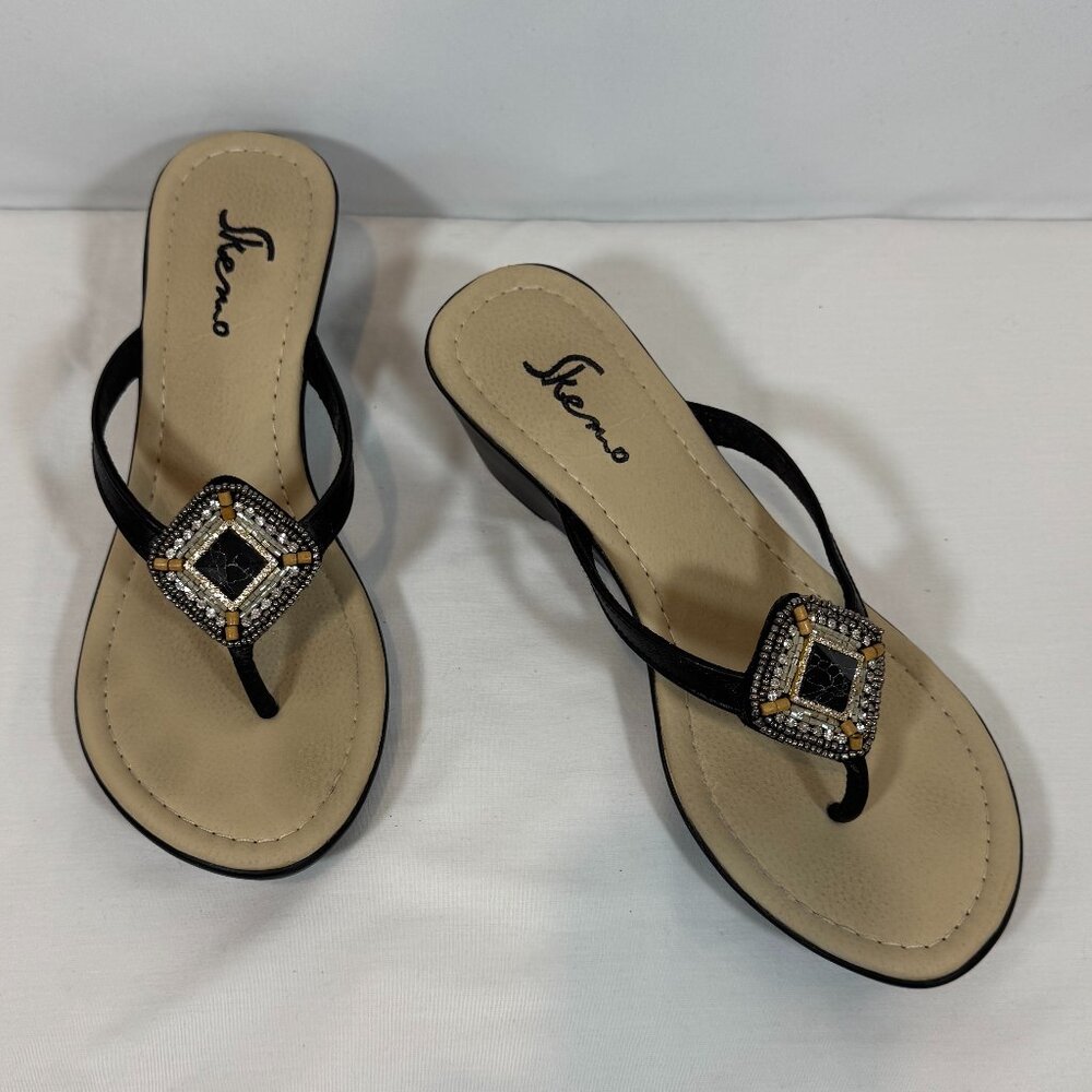 SKEMO Pyramid Jeweled Comfort Wedge Sandal with Toe-Thong
